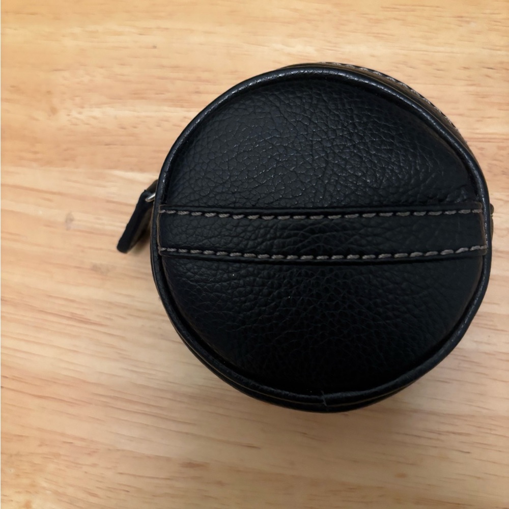Black Leather Round Travel Pouch - Compact Accessory Case